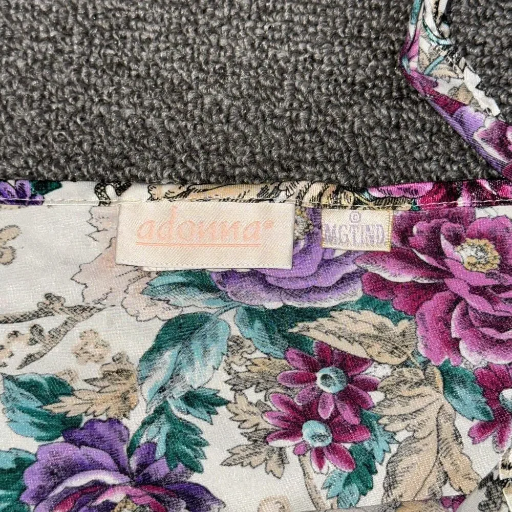 Vintage 90s Adonna Slip Dress Women's Medium Floral Beige Purple Satin Sleepwear - Picture 5 of 10
